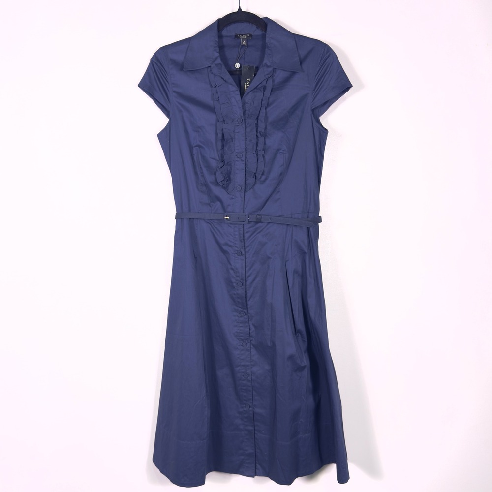 NWT Talbots Dress 6 Navy Ruffle Front Button Shirt Dress Belted Cotton Poplin